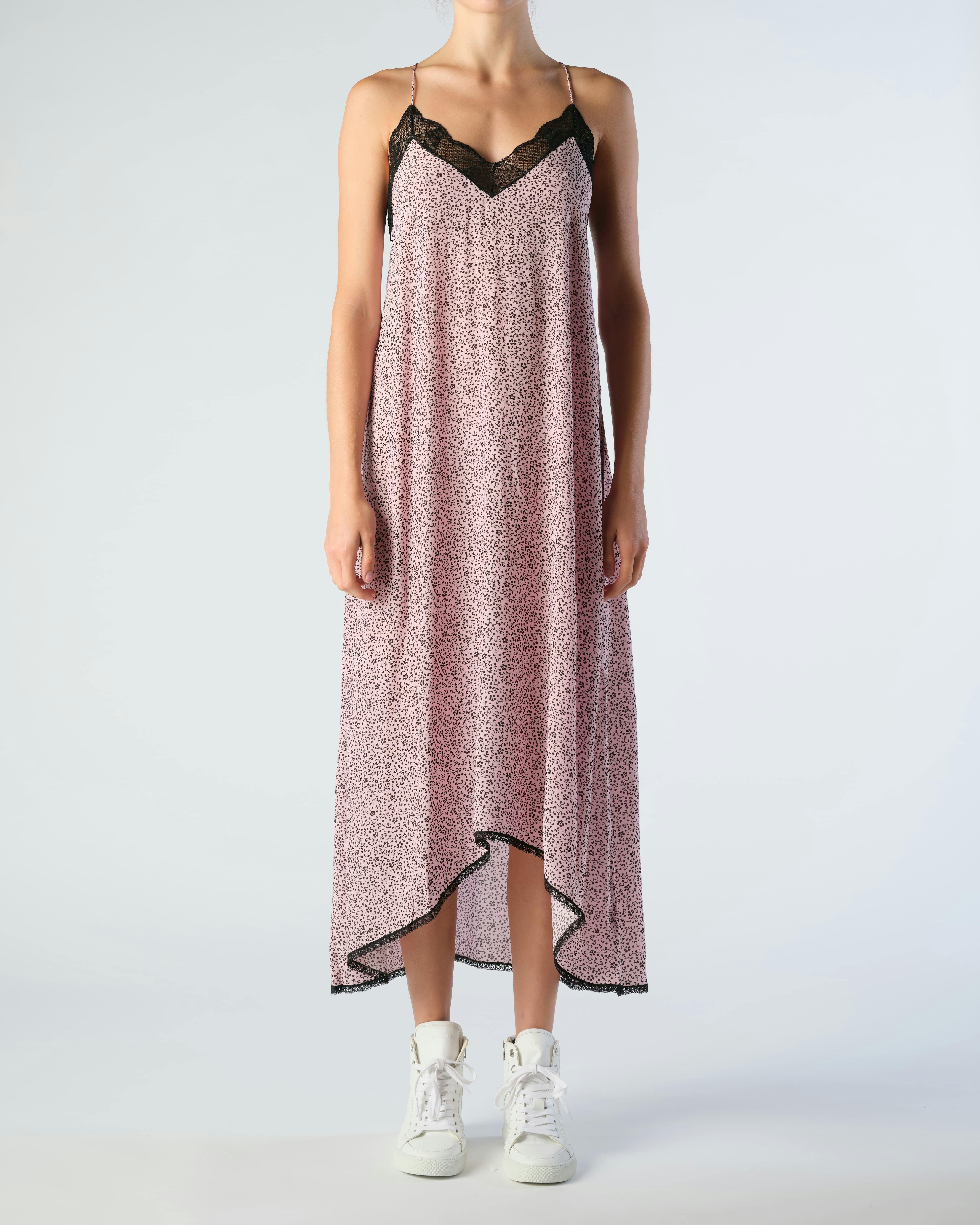 Risty Dress - Women's lingerie-style maxi dress with pink floral print, thin straps, and lace-trimmed neckline.