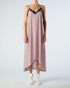 Risty Dress - Women's lingerie-style maxi dress with pink floral print, thin straps, and lace-trimmed neckline.
