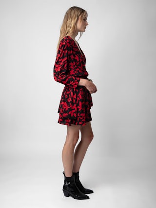 Robe Rogers - Robe courte noire imprimé fleuri à jupe plissée.