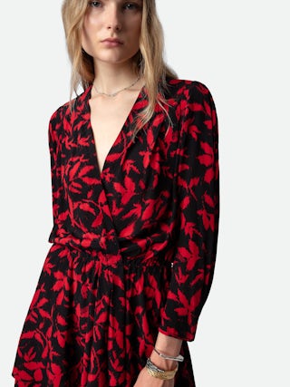 Robe Rogers - Robe courte noire imprimé fleuri à jupe plissée.