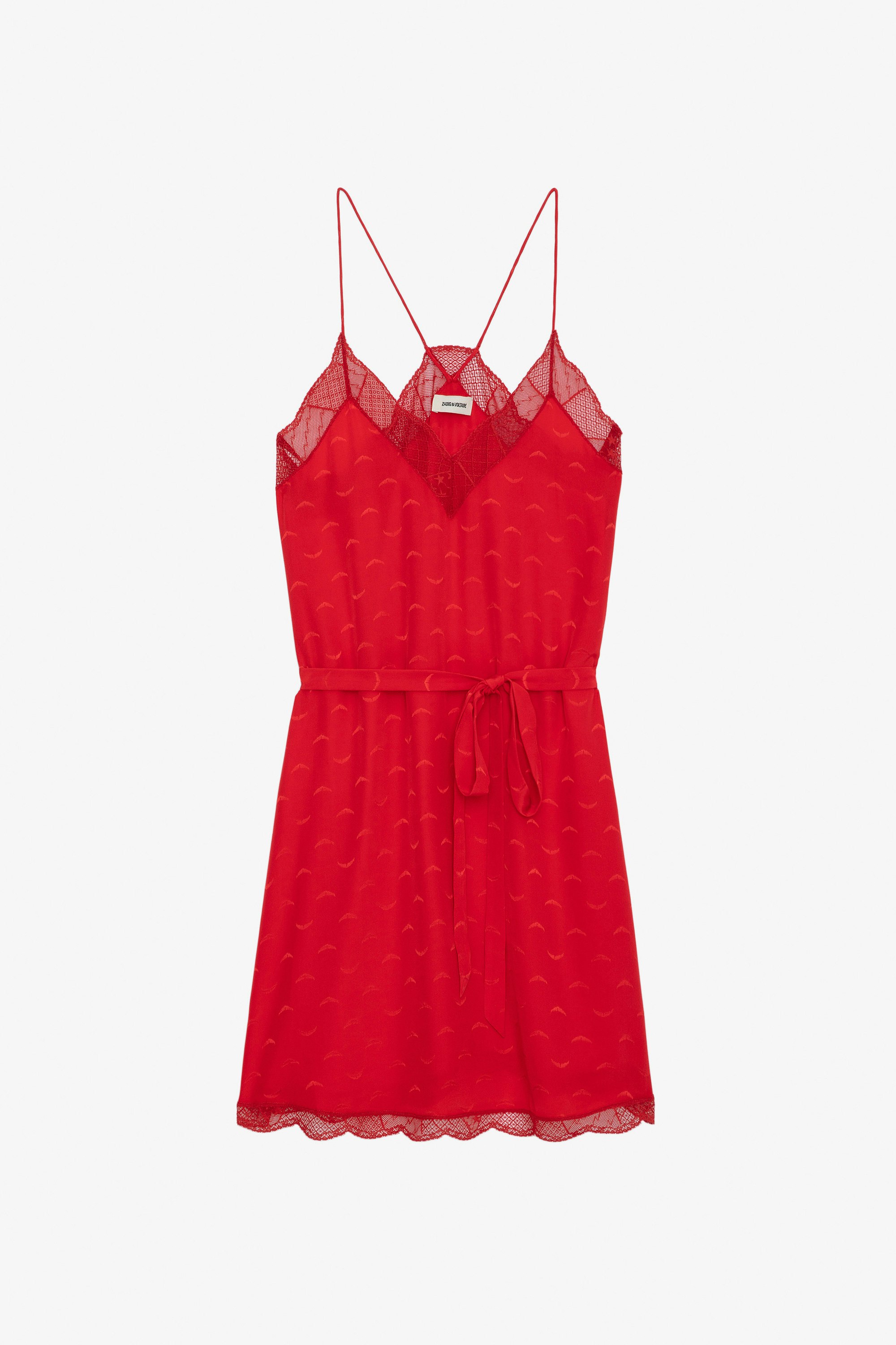 Ristyz Silk Jacquard Dress - Short red silk dress with jacquard wings and lace, tied at the waist.