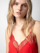 Abito Ristyz 100% Seta Jacquard - Abito corto in seta rosso annodato in vita con jacquard ad ali e pizzo.