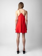 Abito Ristyz 100% Seta Jacquard - Abito corto in seta rosso annodato in vita con jacquard ad ali e pizzo.