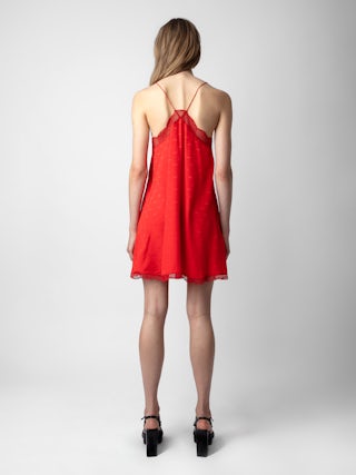 Robe Ristyz 100% Soie - Robe courte en soie rouge à jacquard ailes, nouée à la taille et dentelle.