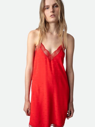 Robe Ristyz 100% Soie - Robe courte en soie rouge à jacquard ailes, nouée à la taille et dentelle.