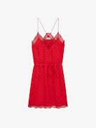 Abito Ristyz 100% Seta Jacquard - Abito corto in seta rosso annodato in vita con jacquard ad ali e pizzo.