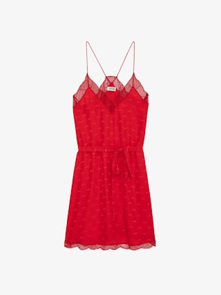 Robe Ristyz 100% Soie - Robe courte en soie rouge à jacquard ailes, nouée à la taille et dentelle.