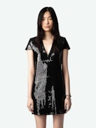 Rashu Sequin Dress - Black sequin mini dress with plunging V neckline and short sleeves.