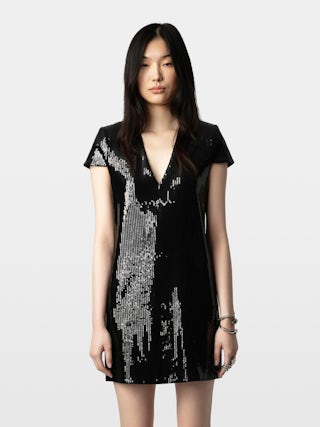 Rashu Sequin Dress - Short dress with sequins, plunging V-neckline and short sleeves.
