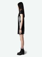 Rashu Sequin Dress - Black sequin mini dress with plunging V neckline and short sleeves.