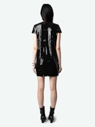 Rashu Sequin Dress - Black sequin mini dress with plunging V neckline and short sleeves.