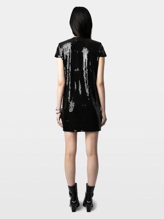 Rashu Sequin Dress - Short dress with sequins, plunging V-neckline and short sleeves.