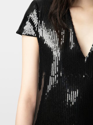Rashu Sequin Dress - Short dress with sequins, plunging V-neckline and short sleeves.
