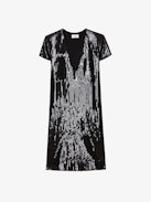 Rashu Sequin Dress - Black sequin mini dress with plunging V neckline and short sleeves.