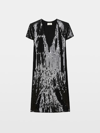 Rashu Sequin Dress - Short dress with sequins, plunging V-neckline and short sleeves.