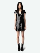 Rashu Sequin Dress - Black sequin mini dress with plunging V neckline and short sleeves.
