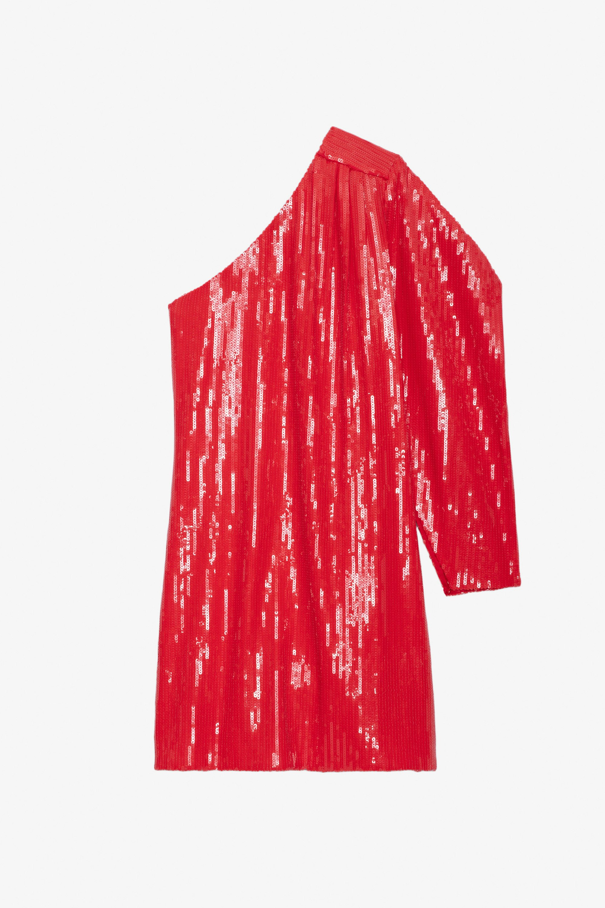 Roely Sequin Dress - Short red sequin dress with draped asymmetric sleeve.