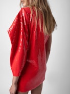 Roely Sequin Dress - Short red sequin dress with draped asymmetric sleeve.