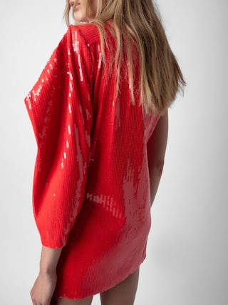Robe Roely - Robe courte rouge à sequins et manche asymétrique et drapée.