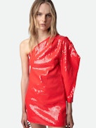 Roely Sequin Dress - Short red sequin dress with draped asymmetric sleeve.