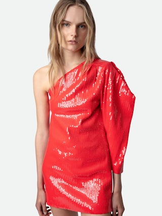 Robe Roely - Robe courte rouge à sequins et manche asymétrique et drapée.