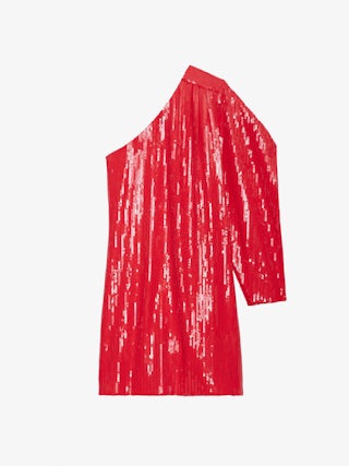 Robe Roely - Robe courte rouge à sequins et manche asymétrique et drapée.