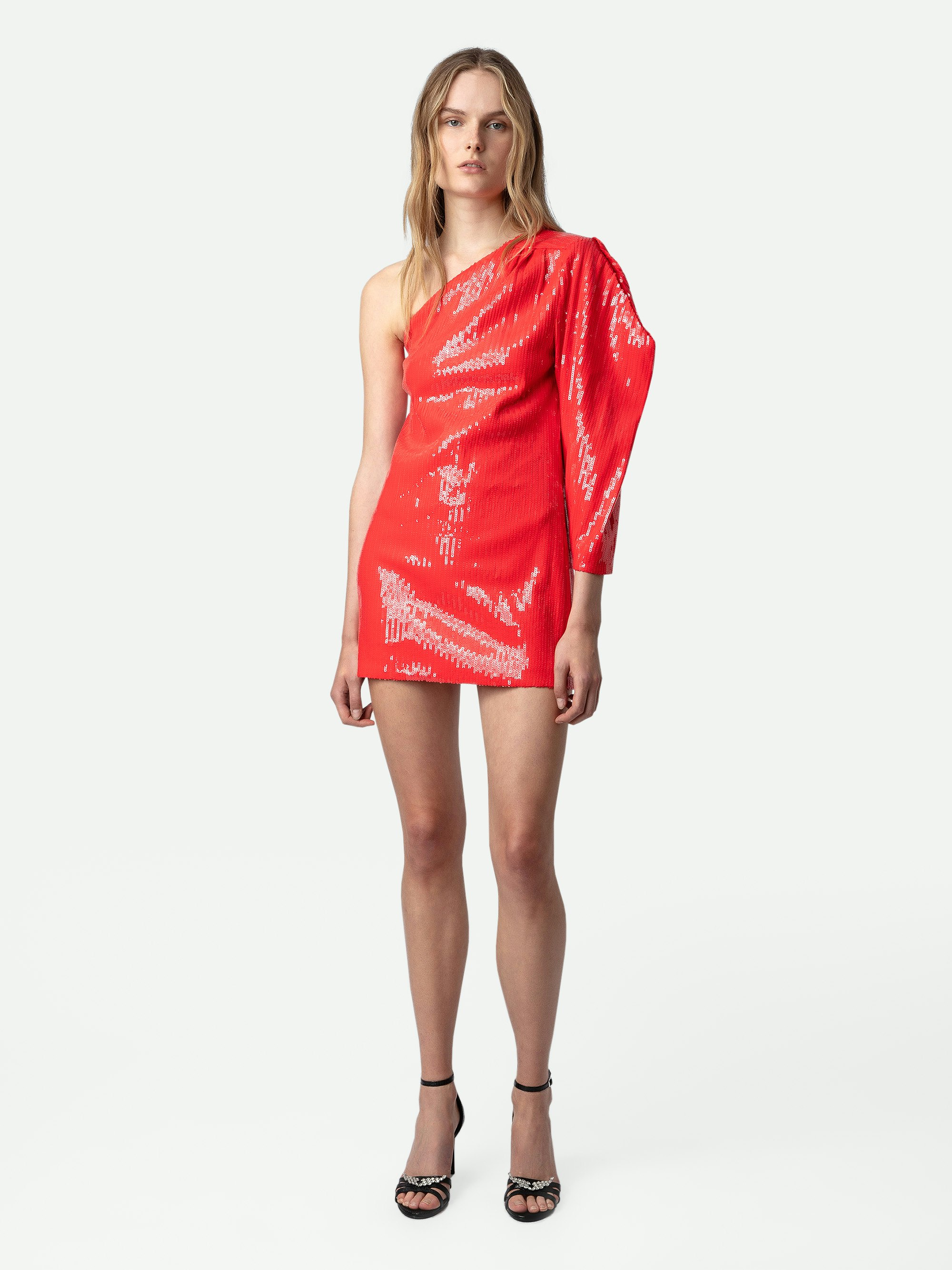 Roely Sequin Dress - Short red sequin dress with draped asymmetric sleeve.