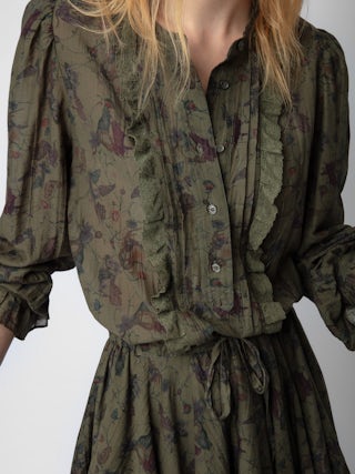 Robe Ranil - Robe courte nouée à la taille à imprimé, volants et dentelle.