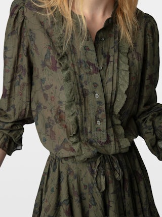 Dress Ranil - Short printed dress with waist tie, ruffles and lace.