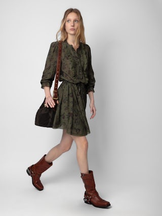 Robe Ranil - Robe courte nouée à la taille à imprimé, volants et dentelle.