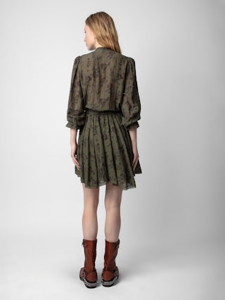 Robe Ranil - Robe courte nouée à la taille à imprimé, volants et dentelle.