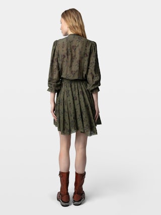 Dress Ranil - Short printed dress with waist tie, ruffles and lace.