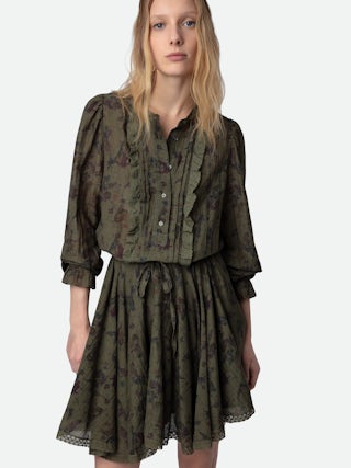 Robe Ranil - Robe courte nouée à la taille à imprimé, volants et dentelle.