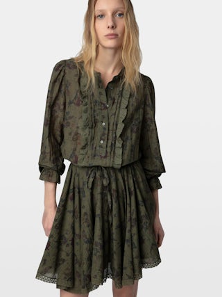 Dress Ranil - Short printed dress with waist tie, ruffles and lace.