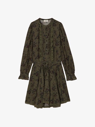 Robe Ranil - Robe courte nouée à la taille à imprimé, volants et dentelle.