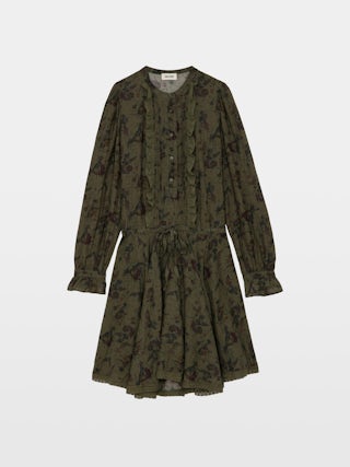 Dress Ranil - Short printed dress with waist tie, ruffles and lace.