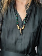 Ritchil Satin Dress - Black satin long dress with 3/4-length sleeves and tie at the waist.
