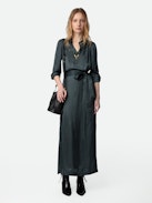 Ritchil Satin Dress - Black satin long dress with 3/4-length sleeves and tie at the waist.