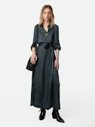 Ritchil Satin Dress - Black satin long dress with 3/4-length sleeves and tie at the waist.