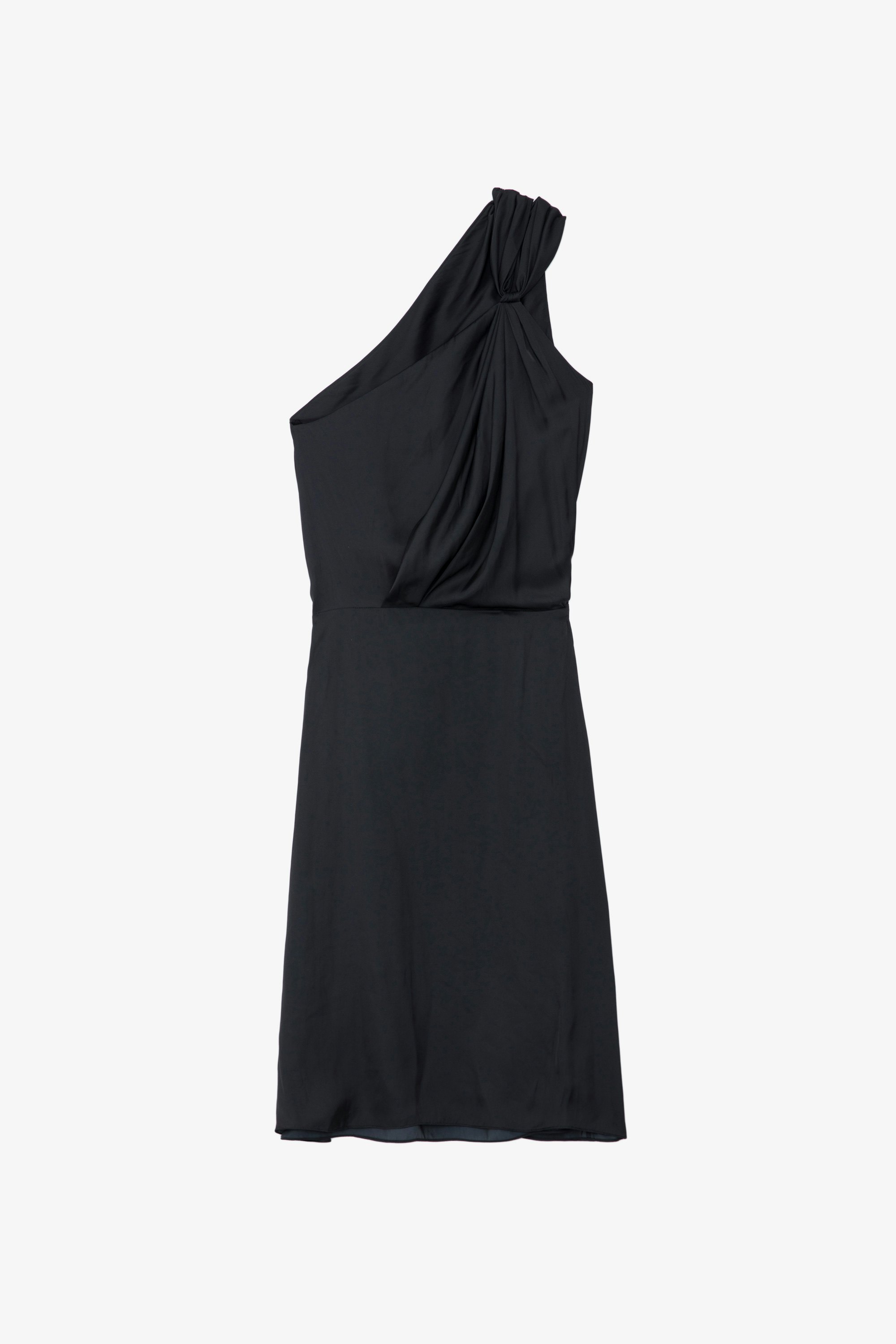 Razal Satin Dress - Women's black satin midi dress with draped asymmetric strap.