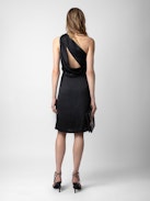 Razal Satin Dress - Women's black satin midi dress with draped asymmetric strap.