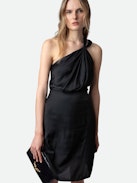 Razal Satin Dress - Women's black satin midi dress with draped asymmetric strap.
