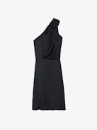 Razal Satin Dress - Women's black satin midi dress with draped asymmetric strap.
