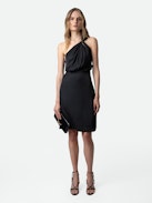 Razal Satin Dress - Women's black satin midi dress with draped asymmetric strap.