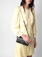 Rhodri Satin Dress - Light yellow satin mini dress with button closure and 3/4-length sleeves.