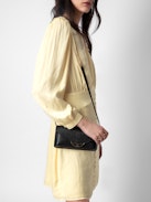 Rhodri Satin Dress - Light yellow satin mini dress with button closure and 3/4-length sleeves.