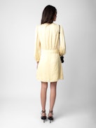 Rhodri Satin Dress - Light yellow satin mini dress with button closure and 3/4-length sleeves.