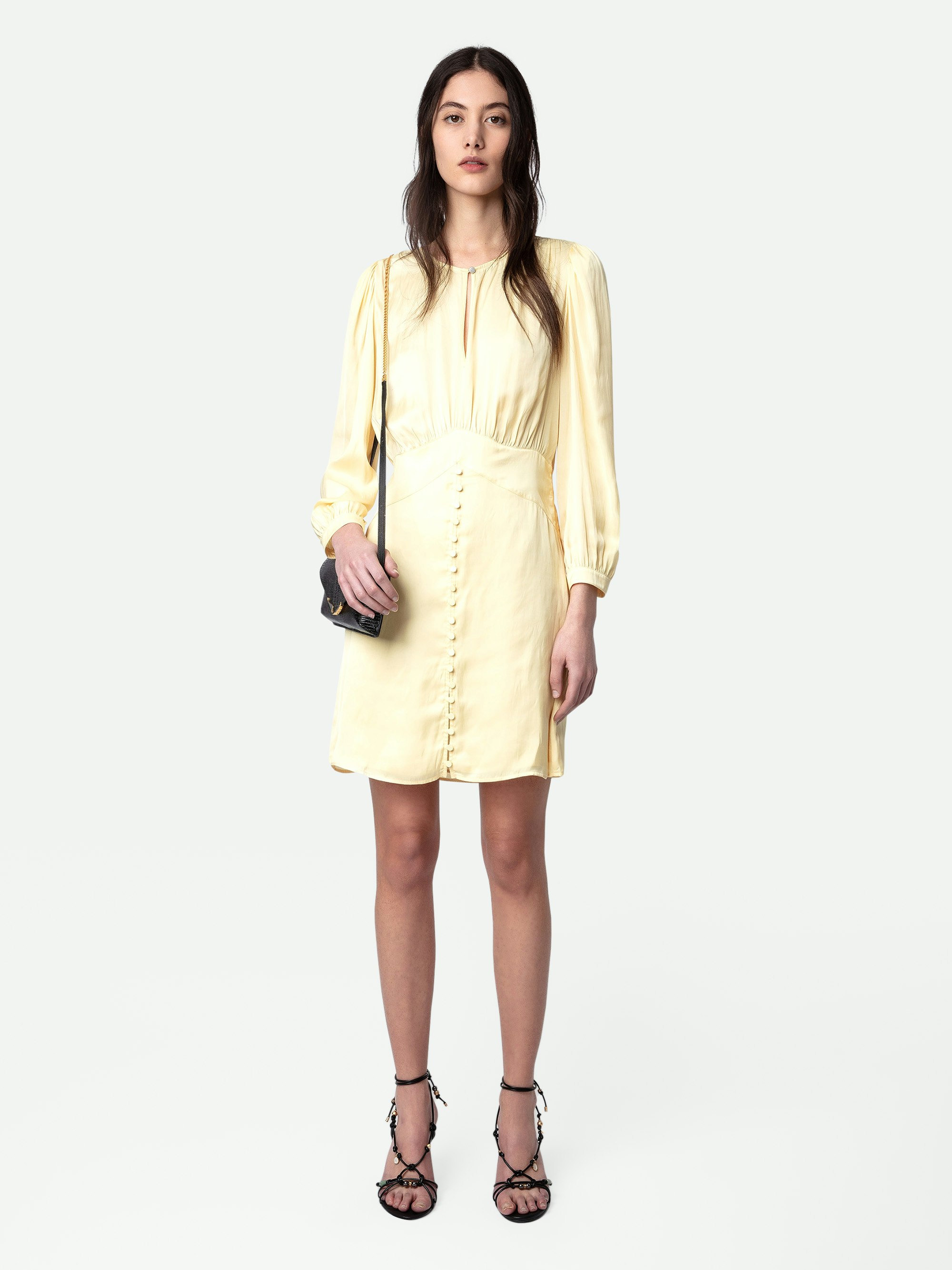 Rhodri Satin Dress - Light yellow satin mini dress with button closure and 3/4-length sleeves.