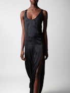 Rarys Satin Dress - Black satin long dress, split on the skirt and cutaway shoulders.