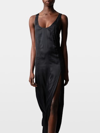 Dress Rarys Satin - Long satin dress with slit skirt and halter armholes.